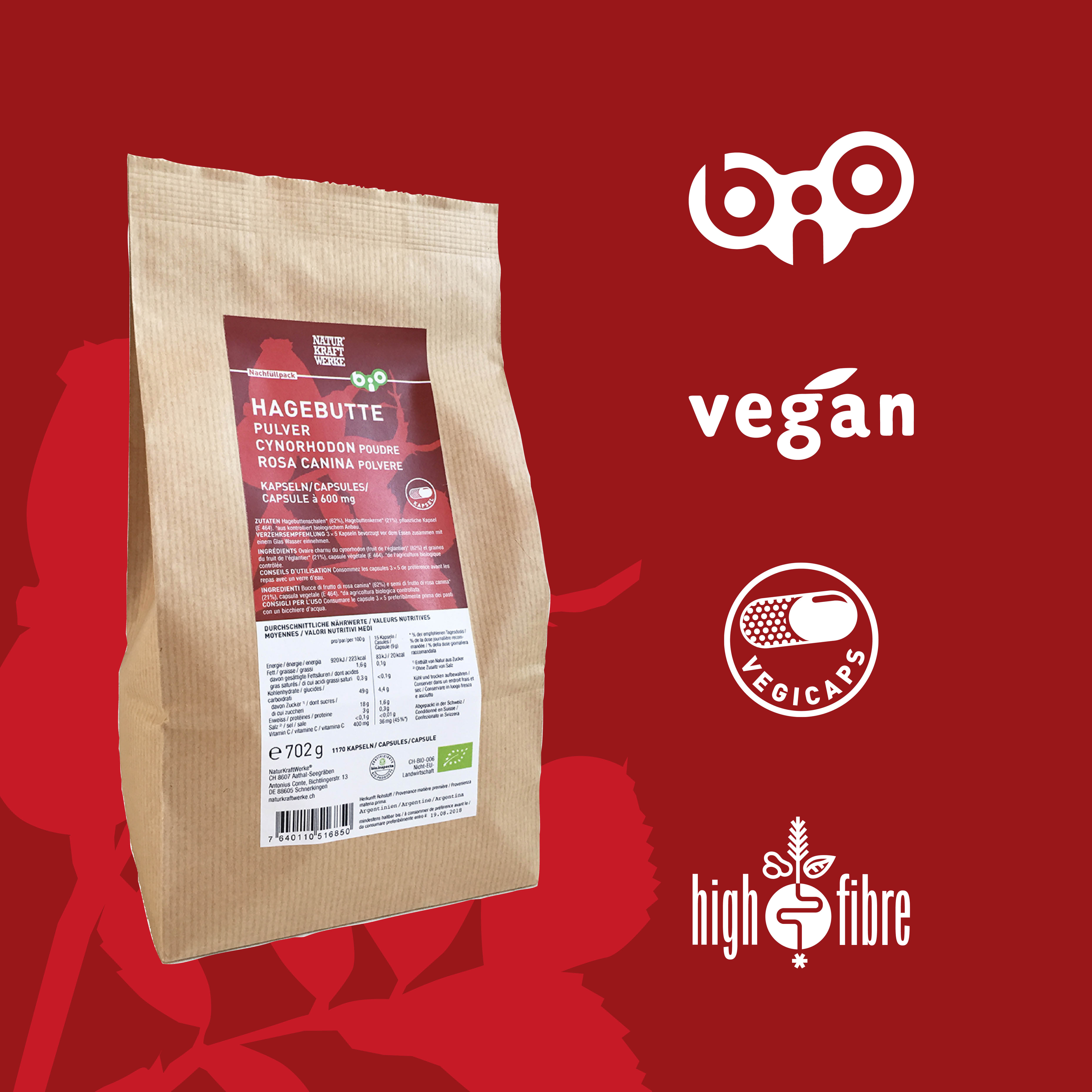 Hagebutte Pulver 1170 Vegicaps à 600 mg Beutel BIO/kbA