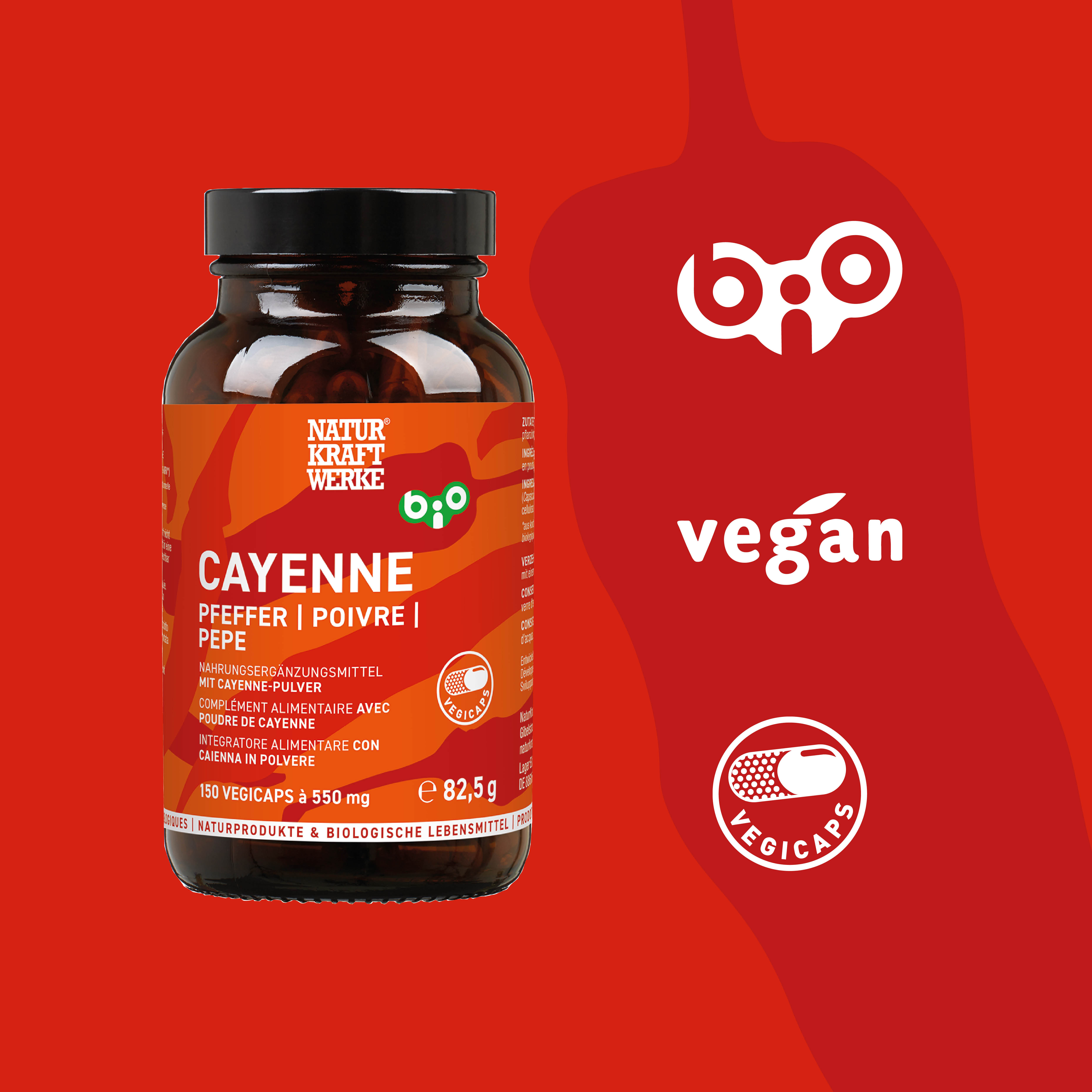 Cayenne Pfeffer 150 Vegicaps à 550 mg BIO/kbA