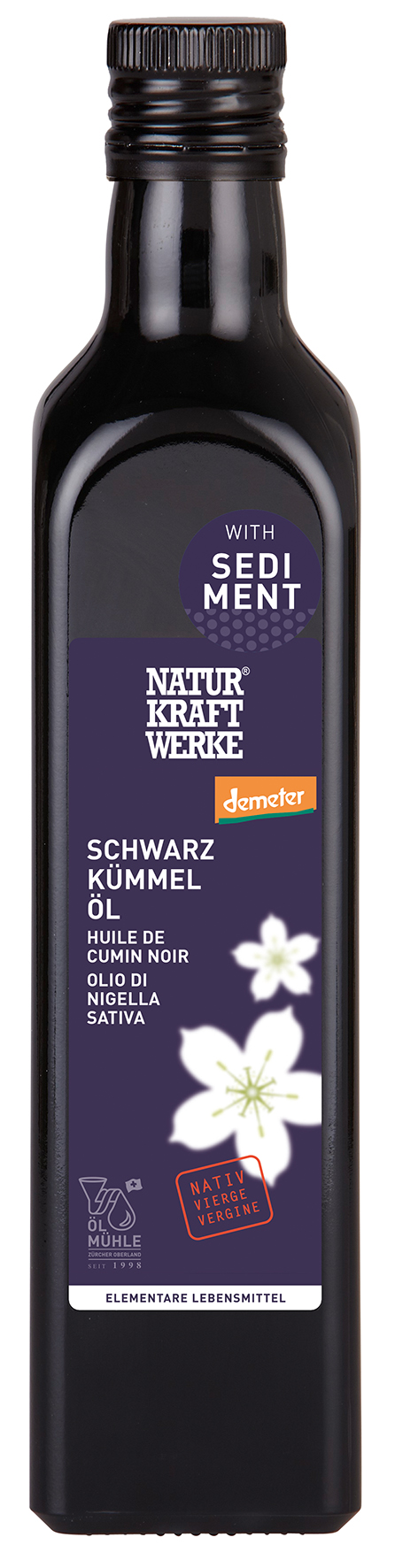 Schwarzkuemmeloel_500ml_Sediment_RGB Schwarzkümmelöl nativ mit Sediment 500 ml Demeter
