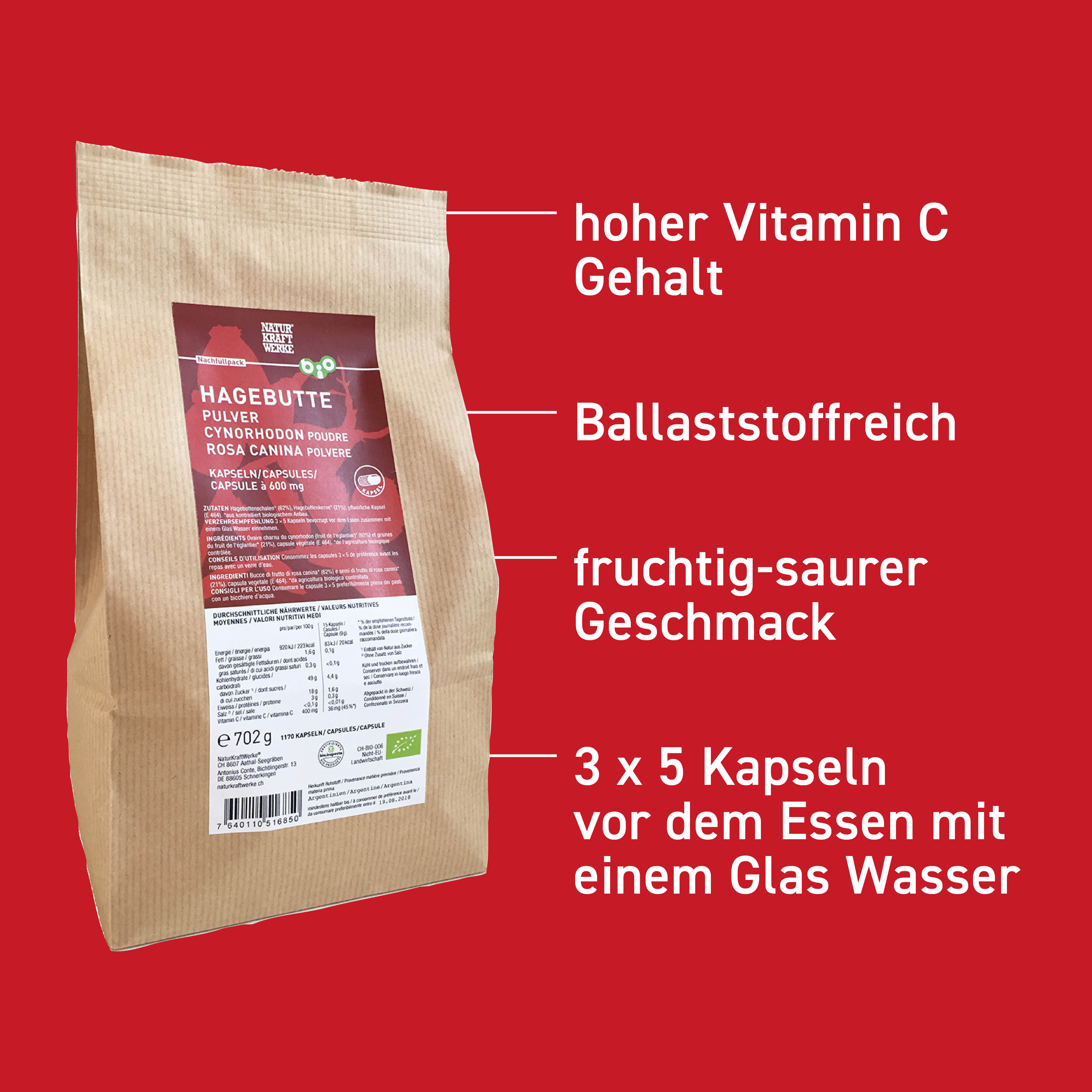 Hagebutte Pulver 1170 Vegicaps à 600 mg Beutel BIO/kbA