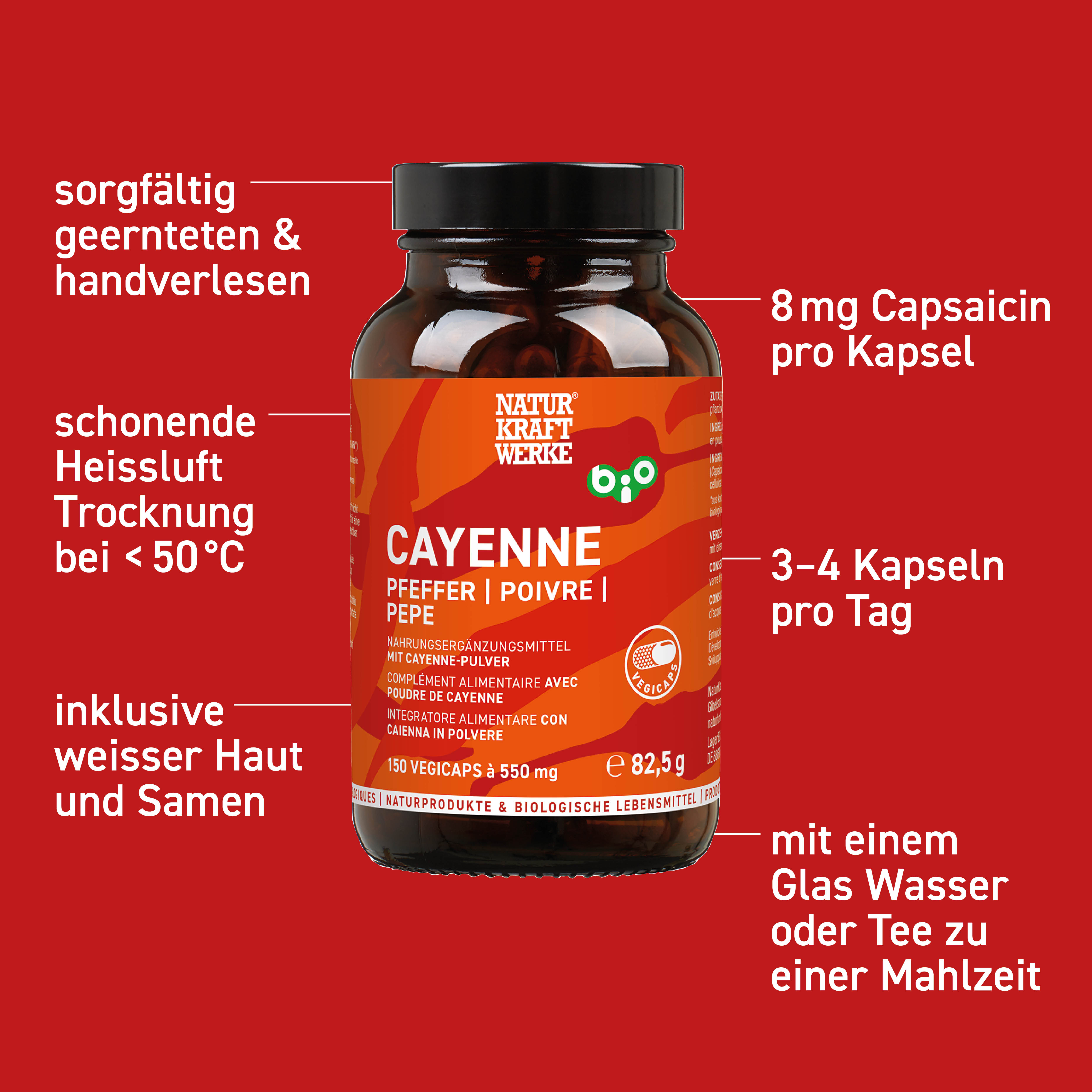 Cayenne Pfeffer 150 Vegicaps à 550 mg BIO/kbA